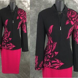 BEAUTIFUL st john knit pink black multi jacket skirt suit size 6 8